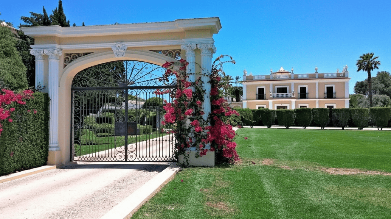 Entrada ajardinada con arquitectura de lujo en La Moraleja, urbanización exclusiva de Madrid
